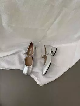 Французские серебряные туфли Мэри Джейн женские туфли темперамент толстый каблук квадратный нос светлый рот с одинарными туфлями 35 серебряный