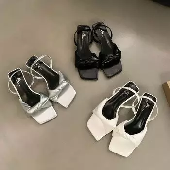 Французские серебряные туфли на высоком каблуке с сандалиями, летние туфли в стиле «Сказка» с квадратной головкой, римские туфли 35 серебряный