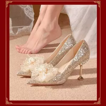 Французские сексуальные туфли на высоком каблуке женские тонкие каблуки весна и осень новый темперамент светские туфли с бантом заостренные одинарные туфли женские свадебные туфли с цветочным узором 35