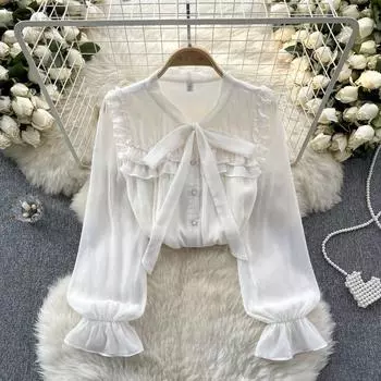 Французские шифоновые рубашки с нежным ветром для женщин, весна 2024, новая пригородная женская одежда, уменьшающий возраст топ с милым воротником-бабочкой S белый