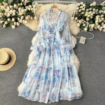 Французские шикарные элегантные шифоновые платья, женские длинные платья с рукавами-фонариками и v-образным вырезом, 3D цветочное платье на шнуровке, женские длинные платья для женщин One Size чёрный