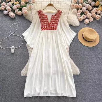 Женские платья Новое поступление V-образный вырез вышитый воланами край длинный расклешенный рукав платье осеннее женское платье One Size чёрный