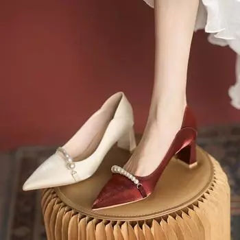 Французские свадебные туфли с острым носком, свадебные туфли на толстом каблуке, женские нишевые новые туфли для подружки невесты на высоком каблуке с жемчугом, туфли-лодочки 34 красный