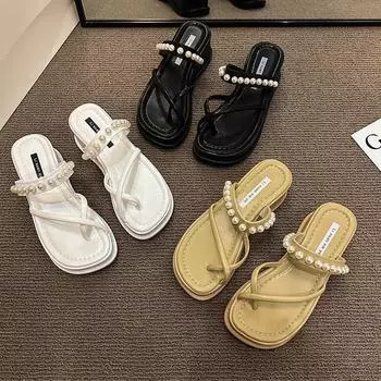 Французские тапочки с жемчужным носком женские 2024 новый стиль феи модные и удобные для отдыха на пляже ниша одно слово перетаскивание 35