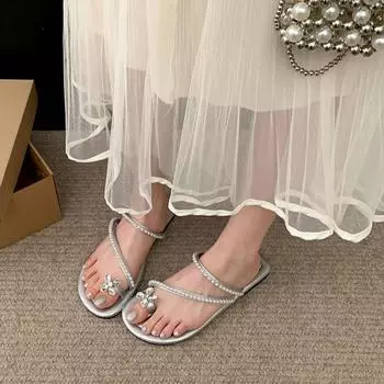 Французские тапочки со стразами на плоской подошве, женские, новинка 2025 года, универсальные, с нескользящим покрытием, с мягкой подошвой, классные тапочки 35 чёрный