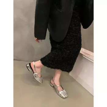 Французские темпераментные босоножки с завязками на голове на низком каблуке, туфли-сандалии, новинка лета 2024 года, серебряные туфли Мэри Джейн на плоской подошве 35 серебряный