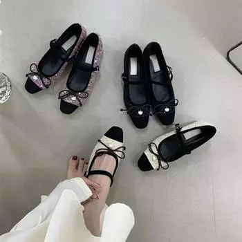 Французские темпераментные вечерние туфли на низком каблуке 2025 ранняя весна маленькие ароматные ветряные блестки одинарные туфли женские туфли фея балет женские туфли 35 чёрный