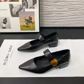 Французские толстые каблуки-липучки легкие тонкие туфли женские остроносые универсальные туфли Мэри Джейн в иностранном стиле маленькие кожаные туфли 35 чёрный