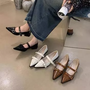 Французские толстые каблуки с острым носком Туфли Мэри Джейн Женские летние черные темпераментные маленькие кожаные туфли 35 коричневый