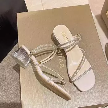 Французские толстые каблуки со стразами классные тапочки женская обувь 2025 новые летние феи стиль темперамент классные тапочки 35