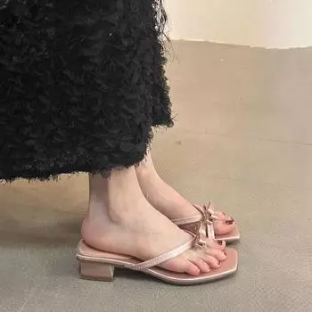 Французские толстые каблуки-тапочки с бантом, сказочные туфли 2025 года, новые летние красивые маленькие босоножки, босоножки для отдыха на каблуке 35 розовый