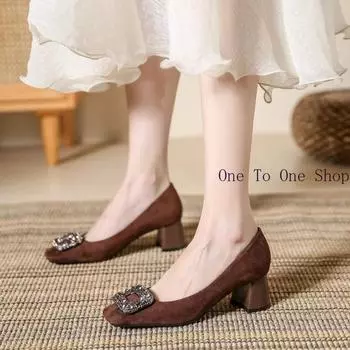 Французские толстые каблуки Traffic 2024 Женские туфли на высоком каблуке Новые квадратные женские туфли с бриллиантами Женские роскошные дизайнерские туфли на каблуках 34 чёрный