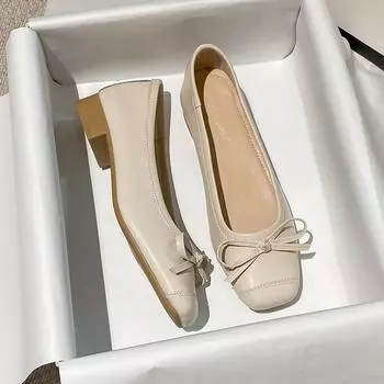 Французские толстые каблуки женские 2024 весна низкий каблук мелкий нос квадратный нос мягкая кожа большие женские туфли 35 абрикосовый