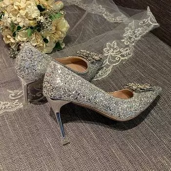 Французские туфли-лодочки на высоком каблуке с пайетками и стразами для женщин, Тонкий каблук, Однотонные туфли в сказочном стиле, Свадебные хрустальные туфли для невесты 34