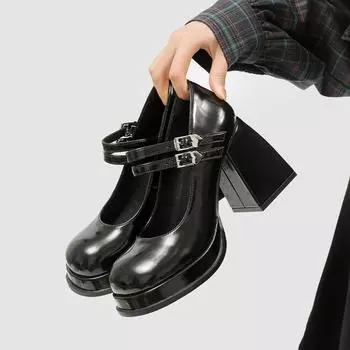 Французские туфли Мэри Джейн для женщин 2024 года, новые толстые подошвы, темпераментные туфли на маленьком высоком каблуке 35 бежевый