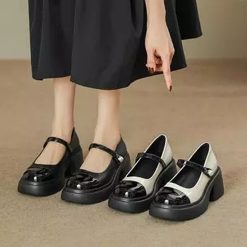 Французские туфли Мэри Джейн на высоком каблуке, женские кожаные туфли на платформе, весна-лето, модные универсальные туфли с жемчугом и одной пуговицей 35