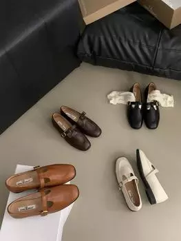Французские туфли Мэри Джейн Ниш Ретро Маленькие кожаные туфли Плоские однобортные туфли Женская обувь Универсальные мокасины 35 коричневый