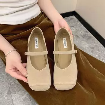 Французские туфли Мэри Джейн в стиле ретро, женские, осень 2025, новые балетки с плоским дном, квадратной головкой, однотонные туфли с одной пряжкой 35 бежевый