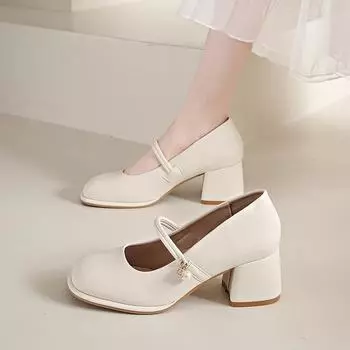 Французские туфли Мэри Джейн весна 2025 новые женские туфли сказочный вечерний бриз слово с толстым каблуком высокие каблуки маленькие кожаные туфли 35