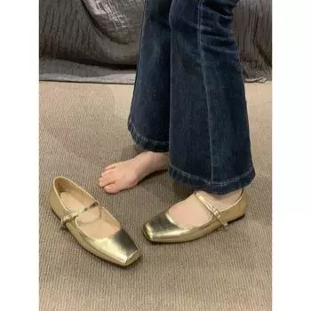 Французские туфли Мэри Джейн, женская обувь, весна и осень 2025, новые туфли с плоским дном, квадратной головкой, неглубоким горлом, с темпераментом, одинарные туфли 35 абрикосовый