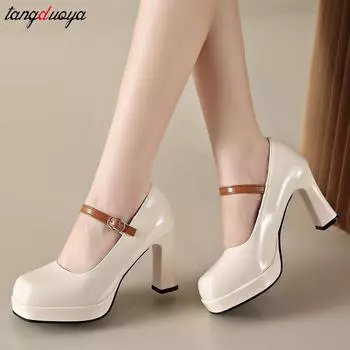 Французские туфли Мэри Джейн женские новые большие размеры 43 на высоком каблуке Модные элегантные туфли на толстом каблуке женские туфли-лодочки для свадебной вечеринки 35 чёрный