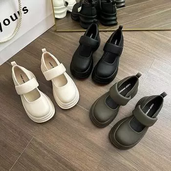 Французские туфли Мэри Джейн, женские осенние новые туфли на высоком каблуке, на толстой подошве с застежкой-липучкой и большой головкой, увеличивающие высоту, одиночные туфли на толстой подошве 35 чёрный