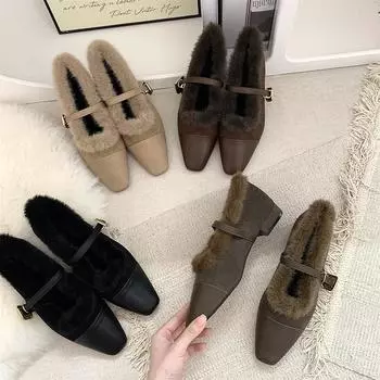 Французские туфли на низком каблуке из плюша Туфли Мэри Джейн Одинарные женские туфли Сезонные теплые хлопковые туфли Вечерние 35