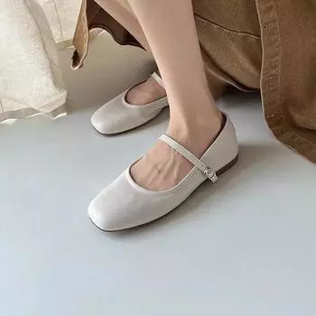 Французские туфли на плоской подошве Mary Jane Shoes Fashion One-Word Buckle Strap Square Head Shallow Mouth Shoes Women 35 белый