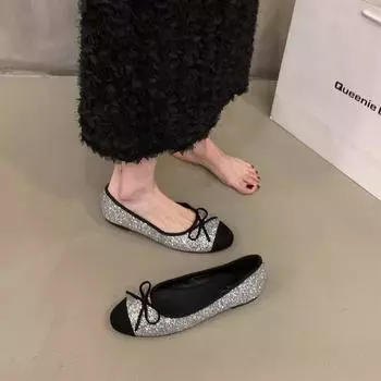 Французские туфли на плоской подошве с серебряными блестками, женские туфли 2025 года, новые весенние и осенне-зимние нежные вечерние туфли, балетки 35 чёрный