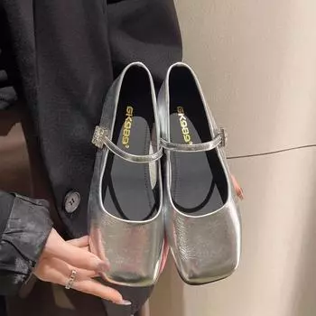 Французские туфли на плоской подошве женские осенние туфли Мэри Джейн с неглубоким вырезом однотонные кожаные туфли балетки 35 серебряный