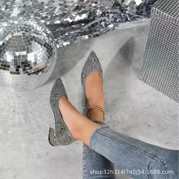Французские туфли на толстом каблуке с острым носком, женские, лето 2025, новые, с неглубоким носком, со стразами, на низком каблуке, женские туфли-лодочки большого размера для женщин 34 золотой