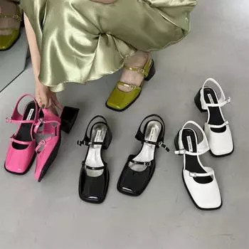 Французские туфли на толстом каблуке сзади, пустые одинарные туфли для женщин 2024 года, новые летние туфли Мэри Джейн, модные универсальные босоножки с носком 35 бежевый