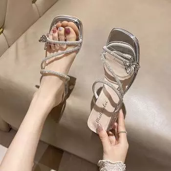 Французские туфли на толстом каблуке, женская летняя одежда 2025 года, новые босоножки на высоком каблуке со стразами и бантом в стиле феи 35