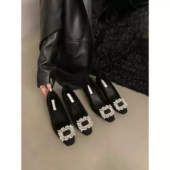 Французские туфли на толстом каблуке, женские туфли, новые бархатные черные стразы 2024 года, высококачественные туфли для позднего вечера и ношения в дороге 35