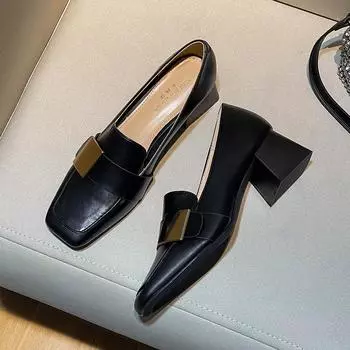 Французские туфли на толстом квадратном каблуке, женские зимние туфли из кожи в британском стиле, ретро-лоферы из мягкой кожи на высоком каблуке 39