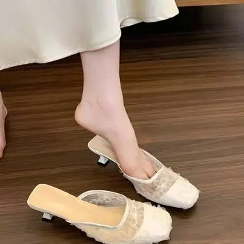 Французские туфли на тонком каблуке в сеточку в стиле феи, вечерние туфли, туфельки-мешки, женские летние туфли, ленивые туфли на одной педали, высокие каблуки 35 чёрный