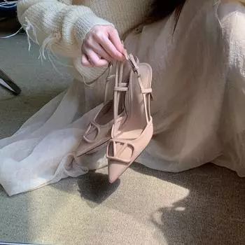 Французские туфли на высоком каблуке 2024 года, новые французские летние туфли с острым носком, высокие каблуки сзади, босоножки на тонком каблуке, женские туфли телесного цвета 34 чёрный