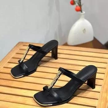 Французские туфли на высоком каблуке для улицы, женские, лето 2024 года, универсальные, толстый каблук, квадратная головка, открытый носок, черные, сексуальные, Zapatos Mujer 34
