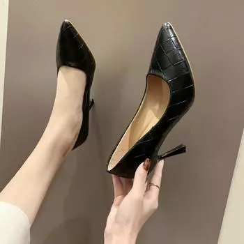 Французские туфли на высоком каблуке для женщин, тонкие, с сексуальным мелким носком, с острым носком, женские черные клетчатые туфли на высоком каблуке 35 бежевый