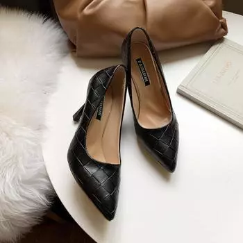 Французские туфли на высоком каблуке для женщин, профессиональные, тонкий каблук 8 см, сексуальные, с заостренным носком, женские, черные, клетчатые туфли на каблуке 35 чёрный