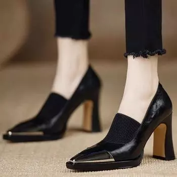 Французские туфли на высоком каблуке с толстым каблуком, женские вязаные туфли с квадратной головкой, универсальные туфли в стиле ретро с глубоким ртом 34 коричневый