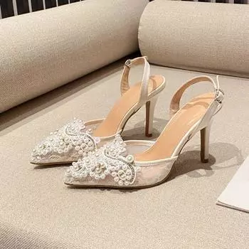 Французские туфли на высоком каблуке, свадебные туфли, женские туфли Niche Temperament, кружевные, с сеткой, с перламутровым узором, тонкие босоножки с завязками на каблуке 35 белый