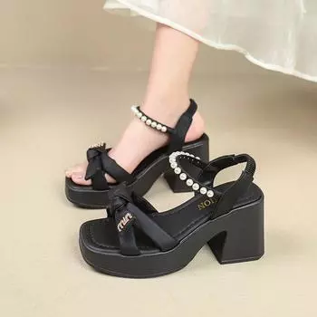 Французские туфли на высоком каблуке, толстый каблук, лето 2025, новые нежные туфли с бантом, жемчужные босоножки на платформе с одним словом и пряжкой, женские 35 чёрный