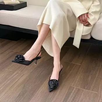 Французские туфли на высоком каблуке в ароматном стиле, женские, весна 2025, новые модные босоножки на каблуке-кошке, заостренные цветочные туфли-шпильки 36 чёрный