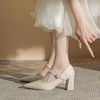 Французские туфли на высоком каблуке женские летние 2025 новые белые туфли ципао свадебные туфли подружки невесты каблук 7 см толстый светлый одинарный каблук женские 35