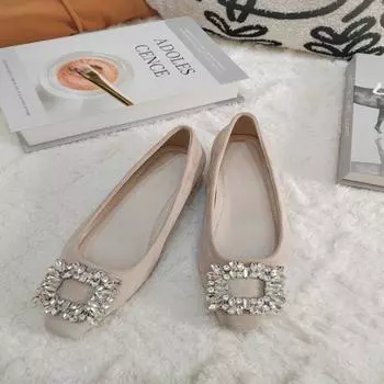 Французские туфли с квадратной пряжкой и крупными стразами, увеличивающие рост, для женщин, лето 2025, новые модные туфли на плоской подошве с тонким каблуком 34 хаки