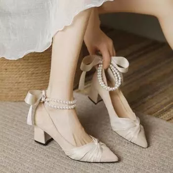 Французские туфли с острым носком, женские туфли на среднем толстом каблуке, темпераментные туфли с ремешком и жемчугом, туфли на высоком каблуке для подружек невесты на 18 лет для церемонии бар-мицвы 34 чёрный