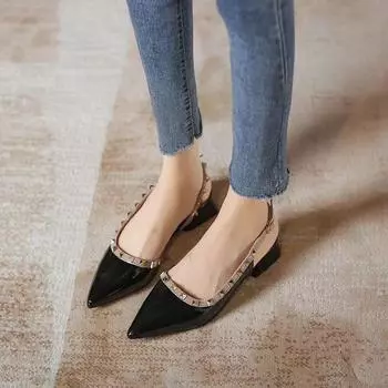 Французские туфли с заклепками осень-лето с острым носком, неглубокий нос, плоские туфли, мягкая подошва, голые серые туфли на низком каблуке, женские, толстый каблук, лакированная кожа 35