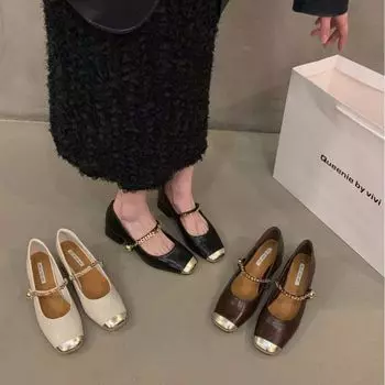 Французские туфли Xiaoxiangfeng Single, женская обувь, новые весенние и осенне-зимние черные вечерние туфли Mary Jane на среднем каблуке 34 коричневый
