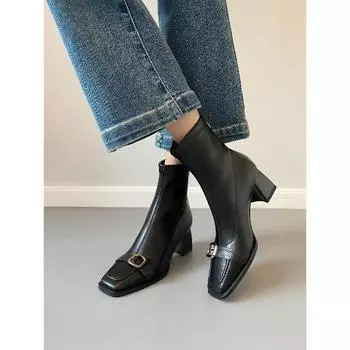 Французские узкие сапоги Женские сапоги с пряжкой на ремне Эластичные сапоги на высоком каблуке Женские короткие сапоги Короткие сапоги на толстом каблуке 35 чёрный